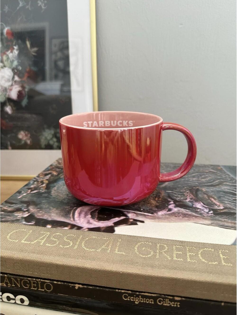 Starbucks 2022 Coffee Mug Tea Cup Iridescent Red With Pink Inside 14oz